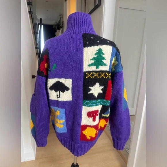 Motif Hand-Knit Wool Patchwork Cardigan  Jacket – Purple – Size M (New) - Picture 4 of 6